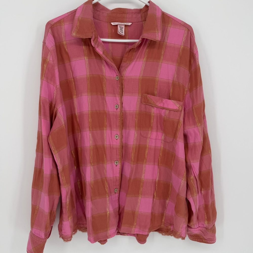 Victoria’s Secret Pink Plaid Gold Long Sleeve Flannel Shirt